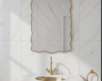 Ripple Brass Mirror, Wavy Rectangle Mirror, Handmade Bathroom Mirror, Modern Vanity Mirror, Gold Wall Mirror, Statement Decor