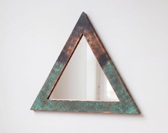 Triangle Copper Mirror, Verdigris Patina Wall Mirror, Geometric Handmade Mirror, Rustic Bathroom Mirror, Entryway Decor, Copper Frame Mirror