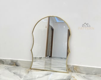 Vanity Mirror, Round Decorative Mirrors, Irregular Asymmetrical Wavy Brass Mirror, Custom Antique Brass Bathroom Mirror, Home Wall Décor