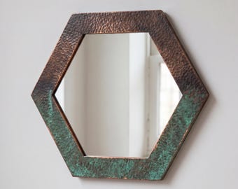 Hexagon Copper Mirror with Green Verdigris Patina, Geometric Wall Mirror, Contemporary Vanity Mirror, Modern Entryway Decor