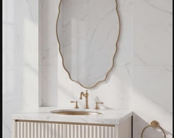 Scalloped Oval Brass Mirror, Handmade Wavy Wall Mirror, Modern Bathroom Vanity Mirror, Gold Brass Frame Mirror