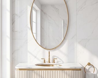 Oval Brass Mirror, Gold Framed Bathroom Mirror, Modern Wall Mirror, Vertical Vanity Mirror, Elegant Brass Wall Decor