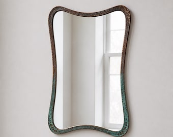 Copper Patina Organic Mirror, Verdigris Copper Wall Mirror, Handmade Bathroom Vanity Mirror, Wavy Rectangle Mirror