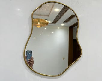 Asymmetrical Wall Mirror, Large Brass Mirror for Bathroom or Hall, Unique Round Vanity Mirror, Stylish Hollywood Mirror for Modern Decor