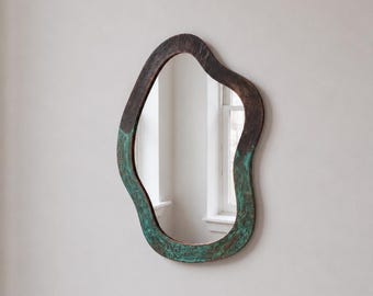 Organic Copper Mirror with Green Verdigris Patina, Contemporary Wall Mirror, Artisan Vanity Mirror, Unique Decorative Home Accent