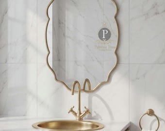 Shield Brass Mirror, Scalloped Wall Mirror, Handmade Bathroom Mirror, Vintage Inspired Vanity Mirror, Gold Framed Mirror, Statement Decor