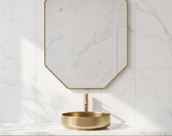 Octagon Brass Mirror, Geometric Wall Mirror, Handmade Bathroom Vanity Mirror, Modern Gold Frame Mirror, Minimalist Wall Decor
