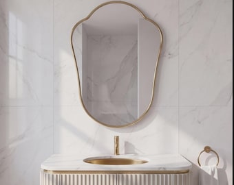 Organic Brass Wall Mirror, Scalloped Arch Mirror, Handmade Gold Bathroom Vanity Mirror, Irregular Decorative Mirror