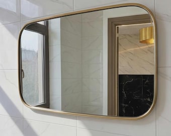 Wide Organic Brass Mirror, Handmade Unlacquered Brass Wall Mirror, Modern Bathroom Vanity Mirror, Rounded Rectangle Mirror