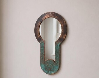 Keyhole Wall Mirror, Verdigris Patina Mirror, Handmade Hammered Copper Vanity Mirror, Sculptural Statement Mirror, Modern Artisan Decor