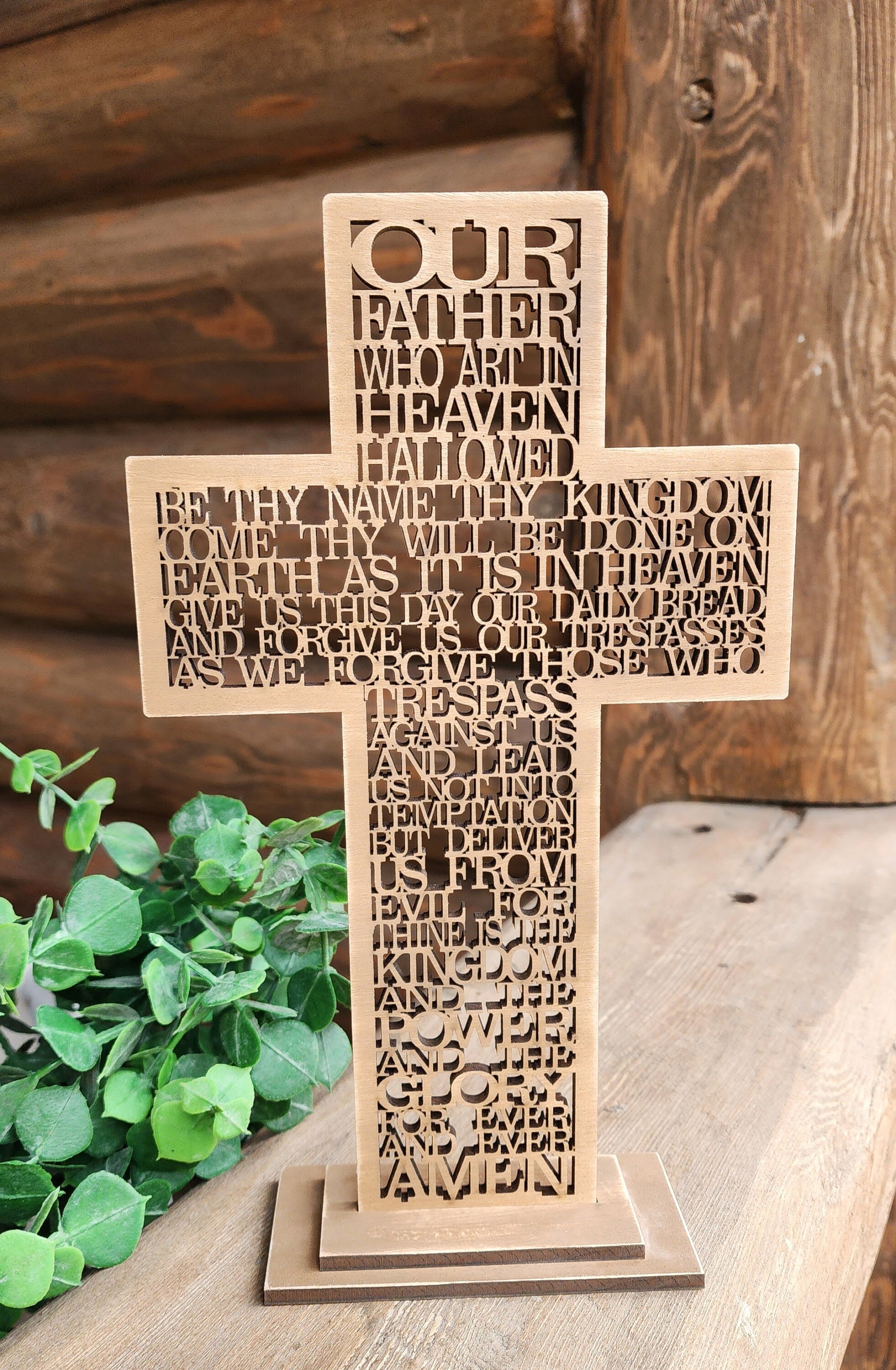 Lord's Prayer Wood Cross with Stand