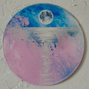 Pintura redonda em disco de vinil, arte de parede a óleo sobre a lua