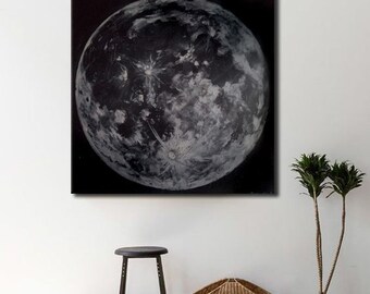 Pintura da lua em acrílico preto e prateado arte de parede lua cheia