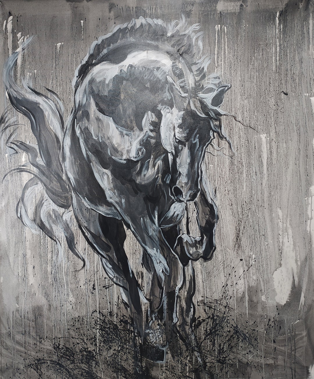 Extra Large Abstract Horse Art Black and White Horse Painting Black