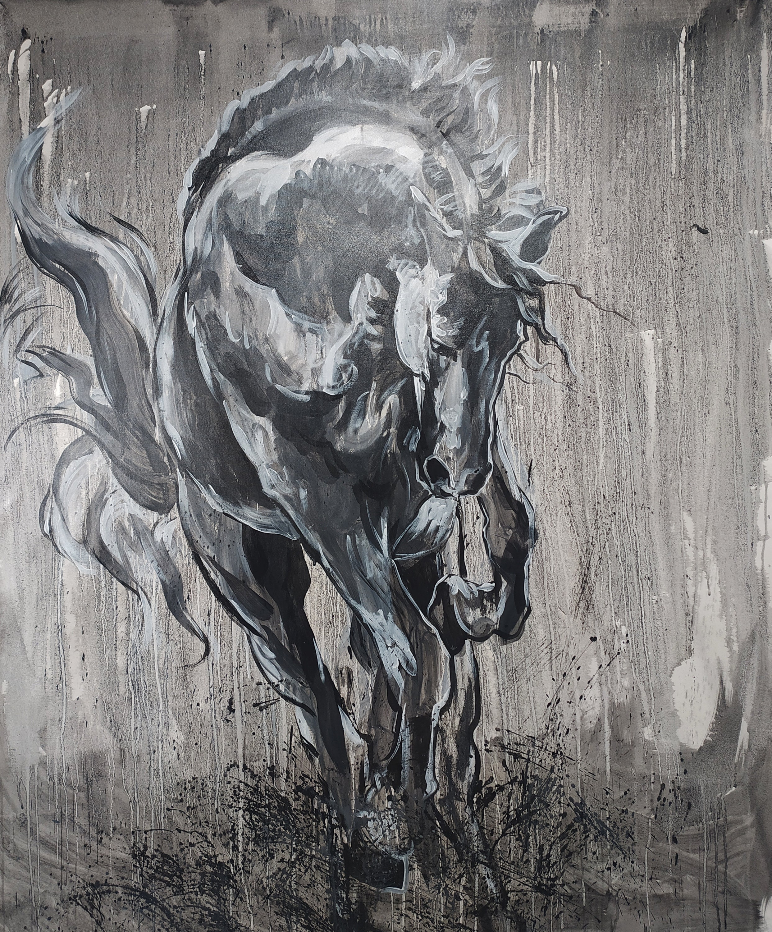 Hand Painted Extra Large Abstract Painting, Horizontal Acrylic Painting  Large Wall Art. Black And White Horse oil Painting. Polo Art. [pt551] -  $199.00 : Handmade Large Abstract Painting On Canvas