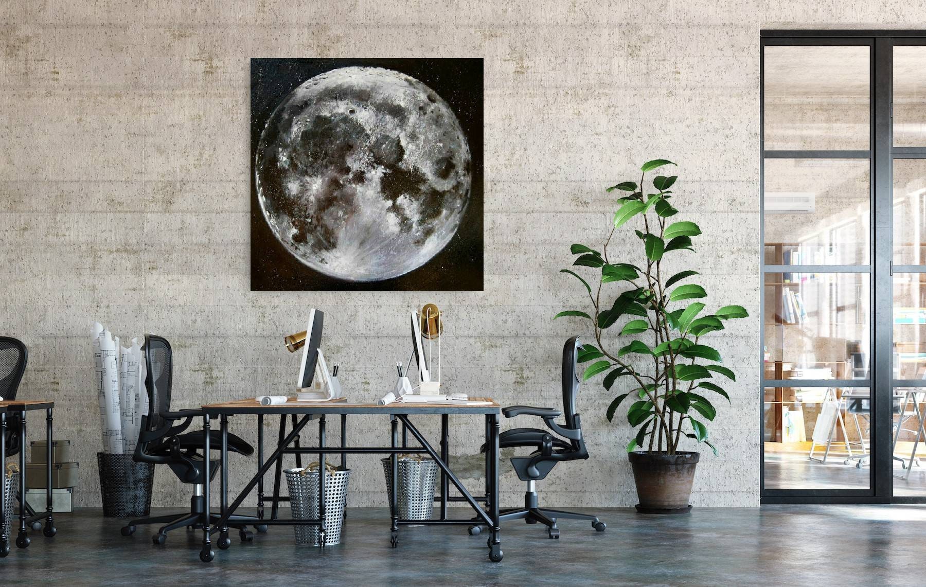 Full Moon Art Black and White Original Oil Painting Art From - Etsy