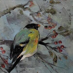 Pintura em miniatura Arte a óleo original Winter Birds
