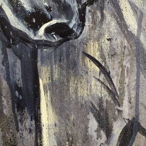 K&ouml;nnte beinhalten: Abstrakte Malerei mit schwarzen, wei&szlig;en und grauen Pinselstrichen auf einer Leinwand. Das Gem&auml;lde hat eine strukturierte Oberfl&auml;che und eine Vielzahl von Pinselstrichen.