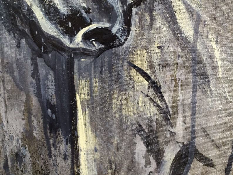 K&ouml;nnte beinhalten: Abstrakte Malerei mit schwarzen, wei&szlig;en und grauen Pinselstrichen auf einer Leinwand. Das Gem&auml;lde hat eine strukturierte Oberfl&auml;che und eine Vielzahl von Pinselstrichen.