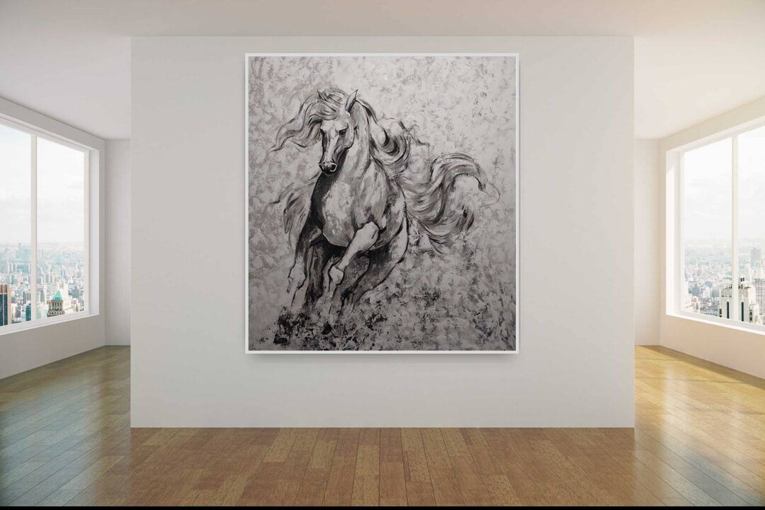 Extra Large Running Horse Art Black and White Abstract Large Art Etsy