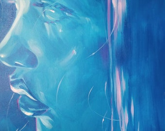 Puede incluir: Pintura al óleo abstracta de un perfil femenino, en tonos azules con reflejos rosas y blancos. La obra de arte presenta una calidad suave y etérea, con pinceladas visibles y un enfoque en la luz y la sombra.