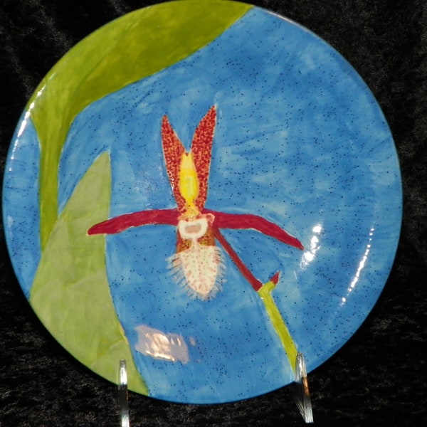 Hand Painted Ceramic Orchidware Small Plate - Catasetum Orchid on bright blue background, art piece; orchids, flowers, decor