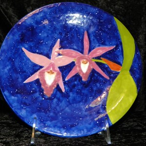 Hand Painted Ceramic Orchidware Small Plate - Brassolaelia Orchid on royal blue background, art piece; orchids, flowers, decor