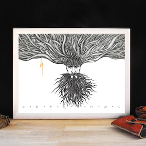 Thunder god art print, storm, gift for him, lightning bolt, armor of god, god of war, god of war axe, home decor, tangled, original art