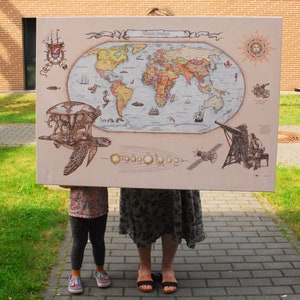 Mapa del mundo, pintado a mano, decoración de pared, colgante de pared original, mapa vintage, decoración de mapas, regalo de viaje, regalo para viajeros, regalo de geografía