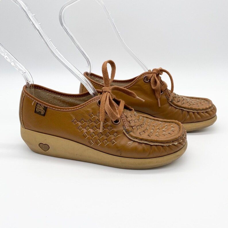 Vintage SoftSpots Weave Wedge Lace-up Leather Loafers 70s Show Grandma Size 7