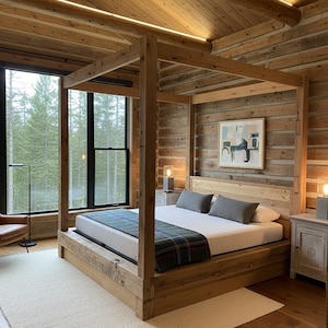 Puede incluir: Un dormitorio rústico con una cama con dosel de madera clara. La cama está vestida con un colchón blanco, almohadas grises y una manta a cuadros. La habitación tiene paredes y techo de madera, y una gran ventana con vistas a un bosque.