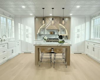 Coifa de carvalho branco personalizada com detalhes arredondados.