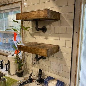 Rustic Wooden Kitchen Shelves with Iron pipe mounting