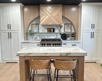 Beautiful white oak hood  with side radius accents/ White Oak Island, custom built.