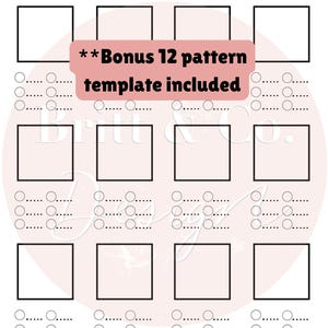 Puede incluir: Una hoja de trabajo imprimible con 12 cuadrados en blanco para crear texturas y patrones. La hoja de trabajo incluye una plantilla de 12 patrones de bonificaci&oacute;n. El texto "Bonus 12 pattern template included" est&aacute; escrito en un cuadro rosa.