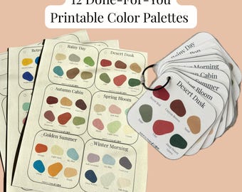 Può includere: Una collezione di 12 palette di colori stampabili, con schemi di colori come "Rainy Day" e "Desert Dusk". Ogni palette include una selezione di colori, con un campionario ad anelli per una facile consultazione. Il testo "12 Done-For-You Printable Color Palettes" è visualizzato.