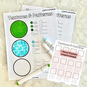 May include: A printable worksheet with three circles for practising drawing different textures and patterns. The worksheet includes a green grass texture, a blue water texture, and a blank circle for creating a new texture. The worksheet also includes a colour chart with different shades of green and blue. The worksheet is titled "Textures & Patterns".