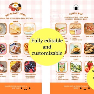 Puede incluir: Una plantilla de menú de dos columnas con un fondo de cuadros rosa claro. El lado izquierdo se titula BREAKFAST MENU y el derecho LUNCH BOX. Ambas secciones contienen imágenes de comida en cuadrícula con etiquetas de texto para opciones.