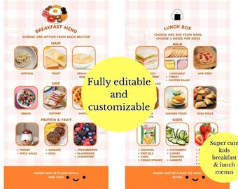 Può includere: Un modello di menu a due colonne con uno sfondo a quadretti rosa chiaro. Il lato sinistro è intitolato BREAKFAST MENU e il lato destro LUNCH BOX. Entrambe le sezioni contengono immagini di cibo in griglia con etichette di testo per le opzioni.