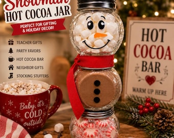 Snowman Hot Cocoa Jar, Christmas Hot Chocolate Bar Decor, Snowman Marshmallow Gift, Holiday Party Favor, Christmas Cocoa Bar