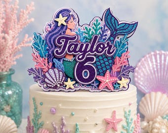 Personalized Mermaid Tail Cake Topper, Custom Name Age Under Sea Decoration