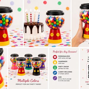 May include: A red and yellow gumball machine with a black lid, filled with colourful gumballs. The machine is 16.5 cm tall and 10 cm wide. Ideal for parties.