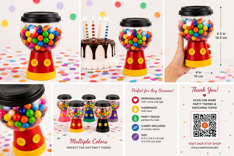 May include: A red and yellow gumball machine with a black lid, filled with colourful gumballs. The machine is 16.5 cm tall and 10 cm wide. Ideal for parties.