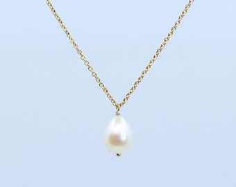 Teardrop pearl pendant chain necklace. Thin dainty cable choker, sterling silver, 14K gold filled or 14K rose gold filled