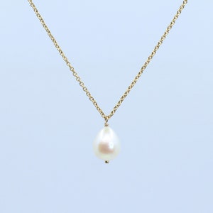 Teardrop pearl pendant chain necklace. Thin dainty cable choker, sterling silver, 14K gold filled or 14K rose gold filled