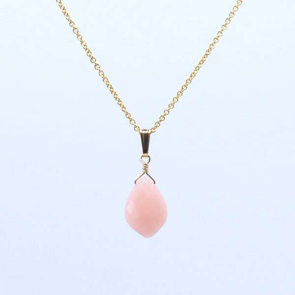 Pink opal pendant necklace. Teardrop opal on fine chain. Sterling silver or 14K gold filled