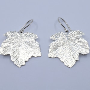 Engraved sterling silver maple leaf earrings. Nature jewellery, leaves, statement earrings