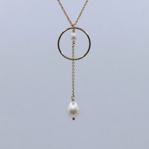 Freshwater pearl Y necklace with ring. Sterling silver, gold filled, rose gold filled. Dainty necklace, bridal necklace, lariat necklace
