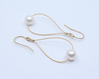 Teardrop wire and pearl earrings. Single semi-precious bead drops, Gold filled. Dainty, filigree wedding jewellery