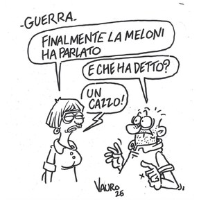 Può includere: Un fumetto in bianco e nero raffigurante una conversazione. I fumetti contengono testo in italiano. Il testo include "GUERRA", "FINALMENTE LA MELONI HA PARLATO", "E CHE HA DETTO?" e "UN CAZZO!". Sono visibili la firma e la data dell'artista.
